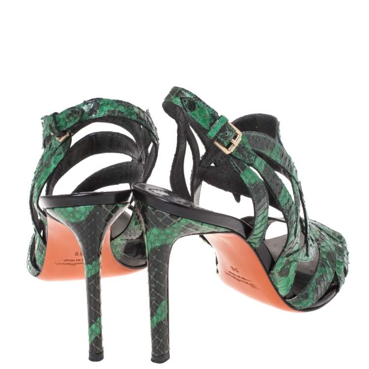 Pre Owned Santoni Green Python Leather Strappy Slingback Sandals Size 39