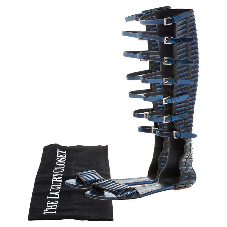 Pre Owned Santoni Black/Metallic Blue Leather Gladiator Sandals Size 40
