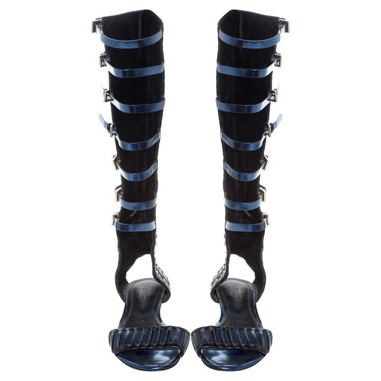 Pre Owned Santoni Black/Metallic Blue Leather Gladiator Sandals Size 40