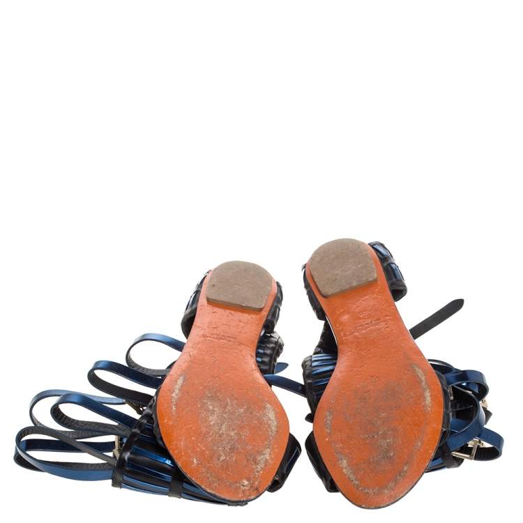 Pre Owned Santoni Black/Metallic Blue Leather Gladiator Sandals Size 40