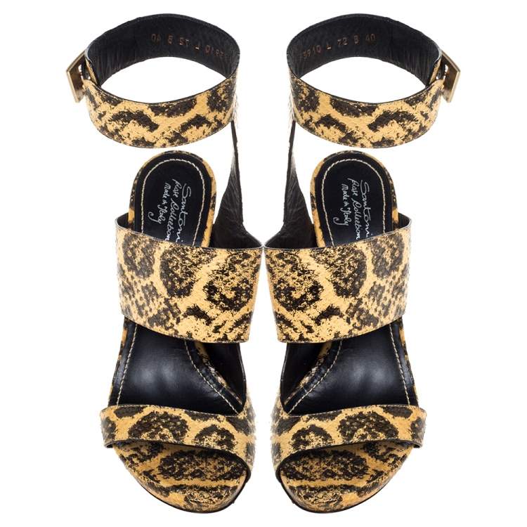 Pre Owned Santoni Beige/Black Python Leather Open Toe Ankle Wrap Sandals Size 40