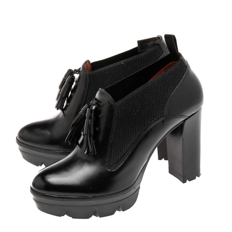 Pre Owned Santoni Black Leather and Elastic Band Tassel Detail Ankle Boots Size 39