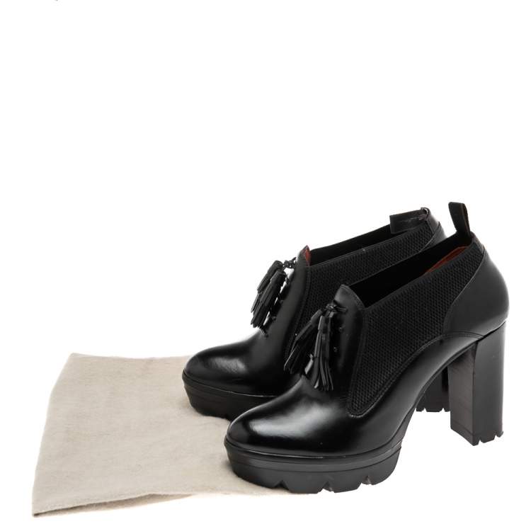 Pre Owned Santoni Black Leather and Elastic Band Tassel Detail Ankle Boots Size 39