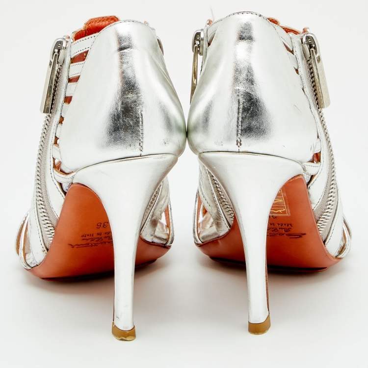 Pre Owned Santoni Silver Leather Caged Peep Toe Sandals Size 36