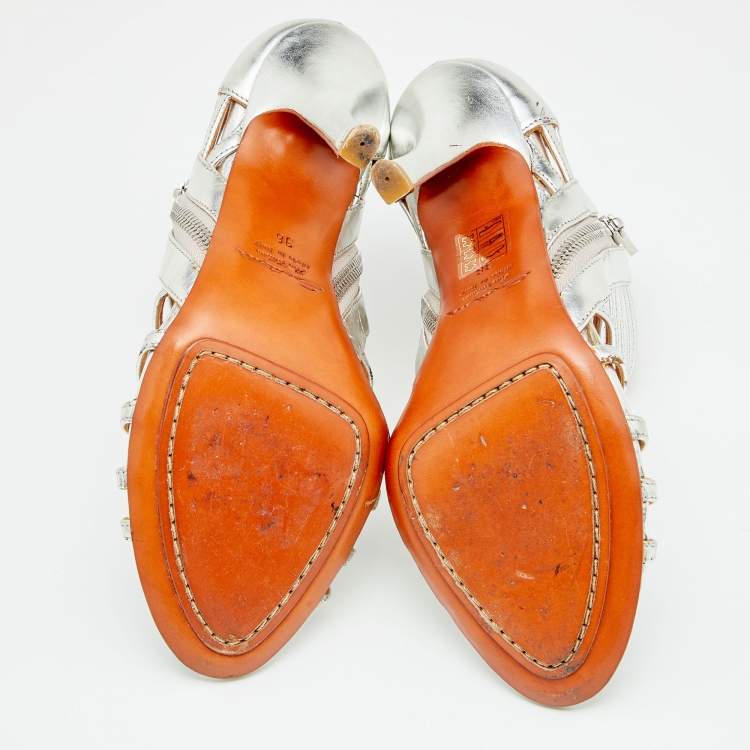 Pre Owned Santoni Silver Leather Caged Peep Toe Sandals Size 36