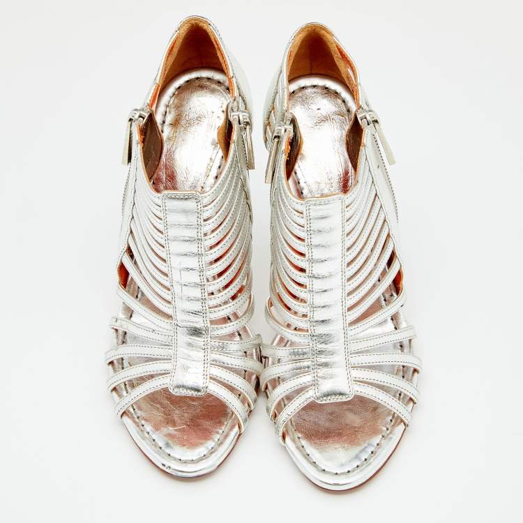 Pre Owned Santoni Silver Leather Caged Peep Toe Sandals Size 36