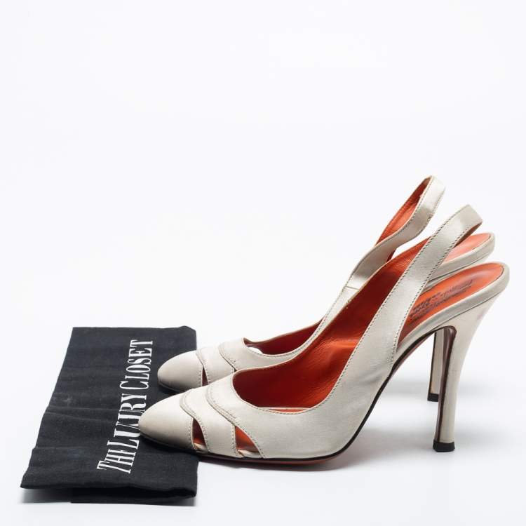 Pre Owned Santoni Light Grey Satin Slingback Pumps Size 39