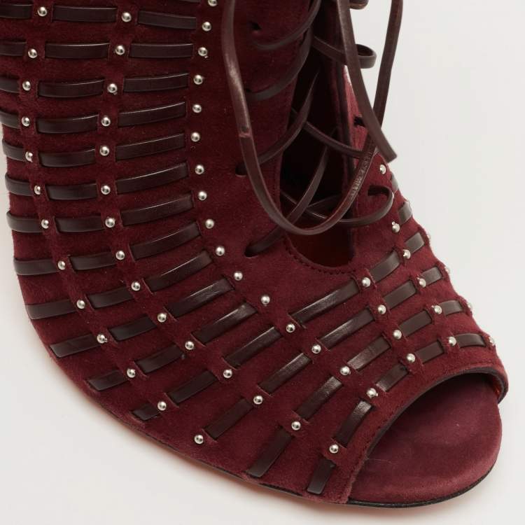 Pre Owned Santoni Burgundy Suede and Leather Peep Toe Lace Up Ankle Booties Size 37.5