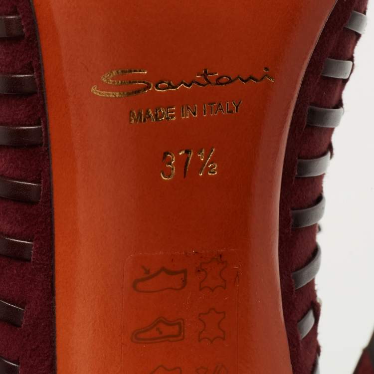Pre Owned Santoni Burgundy Suede and Leather Peep Toe Lace Up Ankle Booties Size 37.5