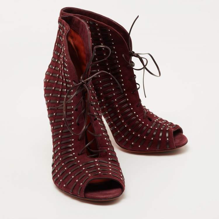 Pre Owned Santoni Burgundy Suede and Leather Peep Toe Lace Up Ankle Booties Size 37.5