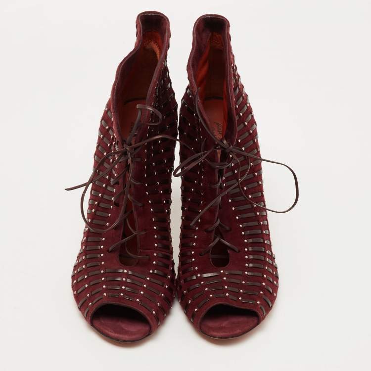 Pre Owned Santoni Burgundy Suede and Leather Peep Toe Lace Up Ankle Booties Size 37.5