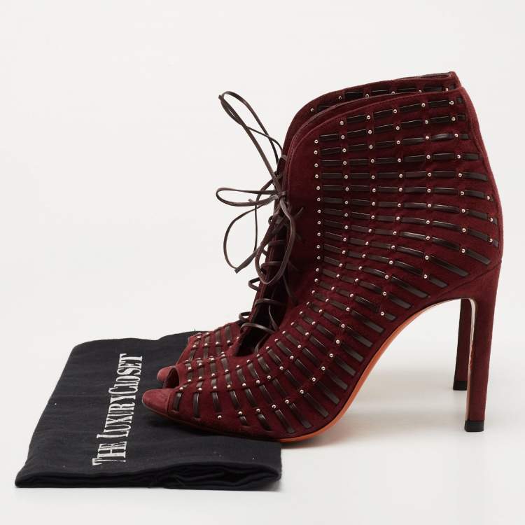 Pre Owned Santoni Burgundy Suede and Leather Peep Toe Lace Up Ankle Booties Size 37.5