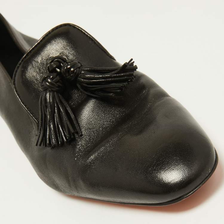 Pre Owned Santoni Black Leather Fringe Detail Slip On Loafers Size 39.5