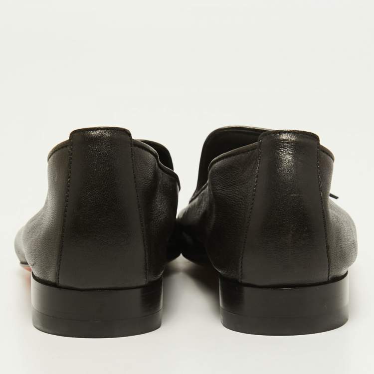 Pre Owned Santoni Black Leather Fringe Detail Slip On Loafers Size 39.5
