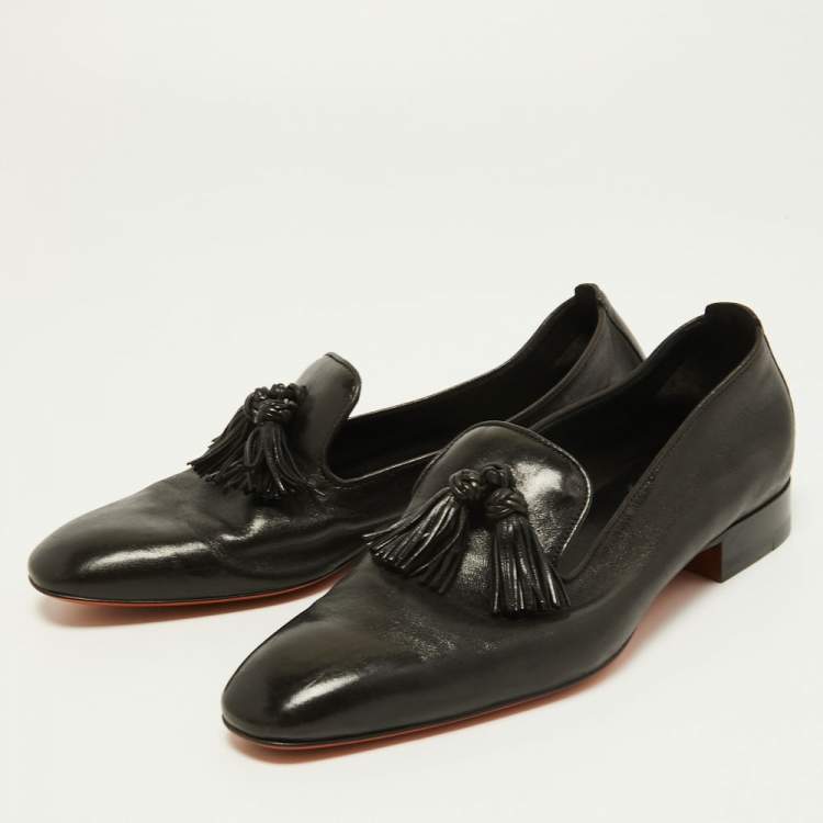 Pre Owned Santoni Black Leather Fringe Detail Slip On Loafers Size 39.5