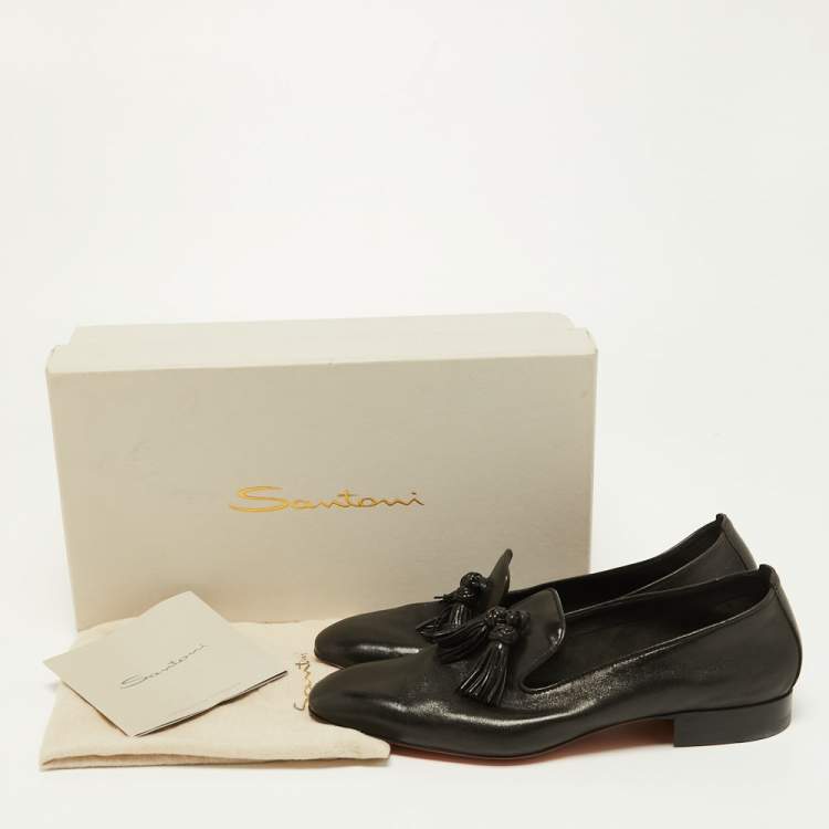 Pre Owned Santoni Black Leather Fringe Detail Slip On Loafers Size 39.5