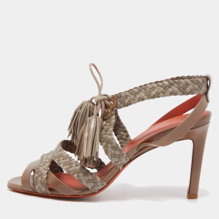 Pre Owned Santoni Two Tone Woven Leather Tassel Ankle Tie Sandals Size 38