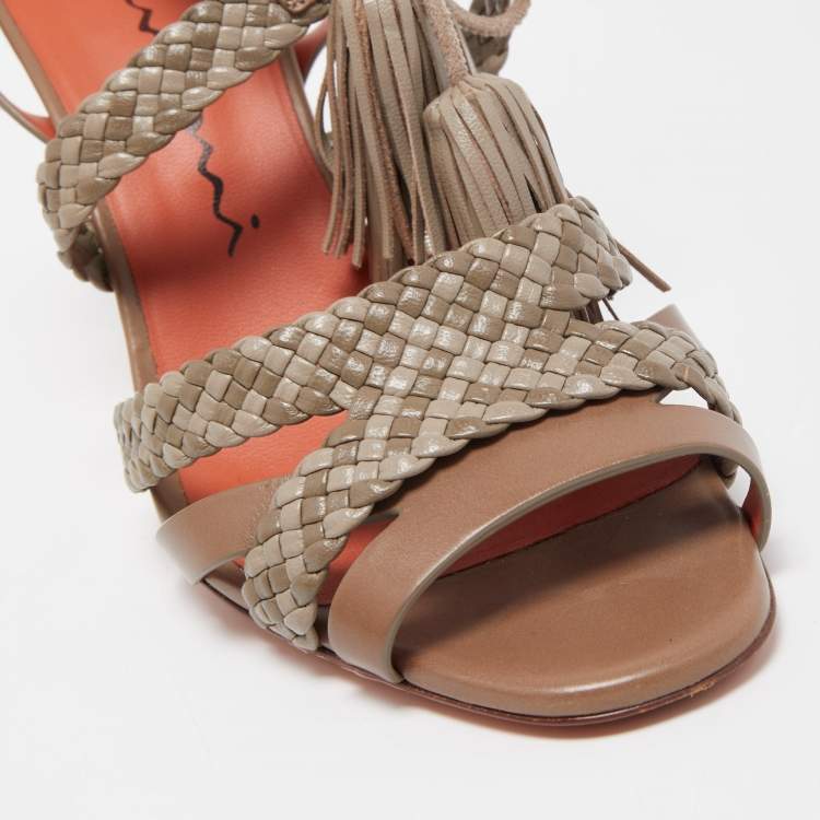 Pre Owned Santoni Two Tone Woven Leather Tassel Ankle Tie Sandals Size 38