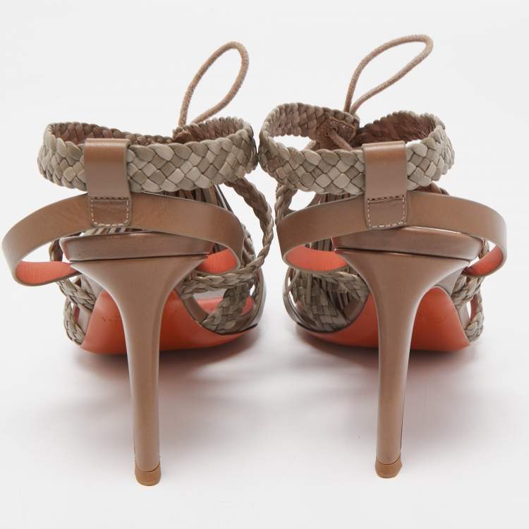 Pre Owned Santoni Two Tone Woven Leather Tassel Ankle Tie Sandals Size 38