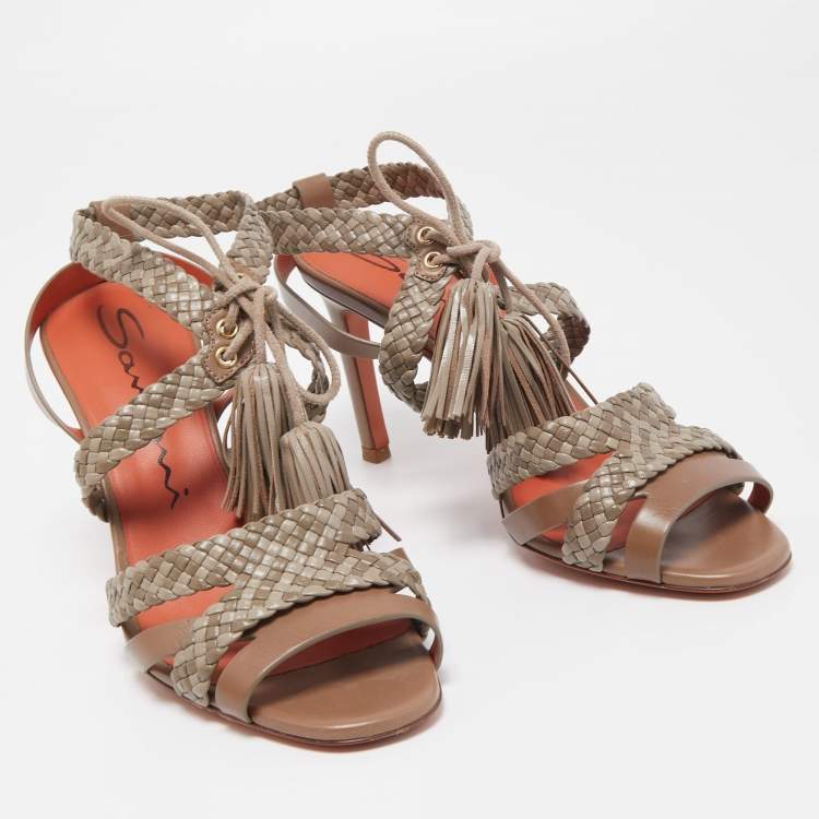 Pre Owned Santoni Two Tone Woven Leather Tassel Ankle Tie Sandals Size 38