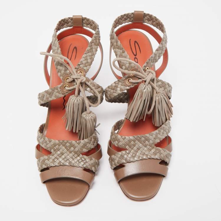 Pre Owned Santoni Two Tone Woven Leather Tassel Ankle Tie Sandals Size 38