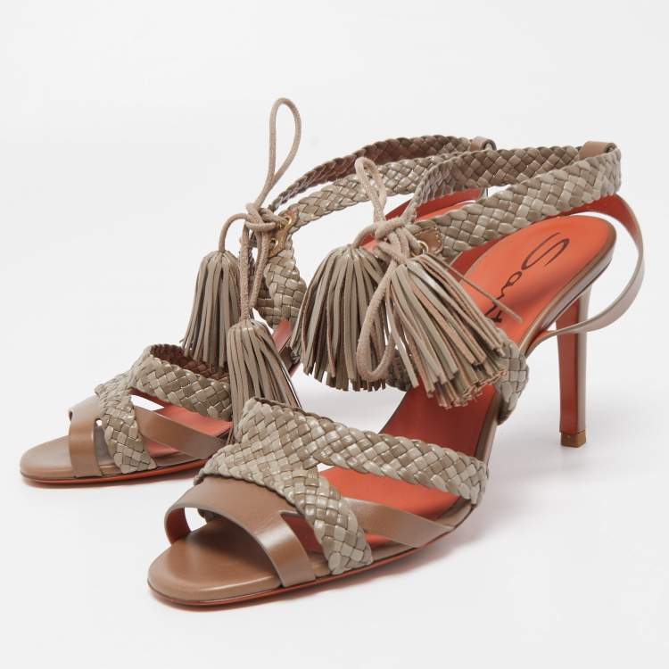 Pre Owned Santoni Two Tone Woven Leather Tassel Ankle Tie Sandals Size 38