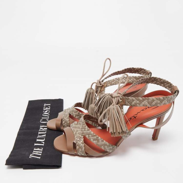 Pre Owned Santoni Two Tone Woven Leather Tassel Ankle Tie Sandals Size 38