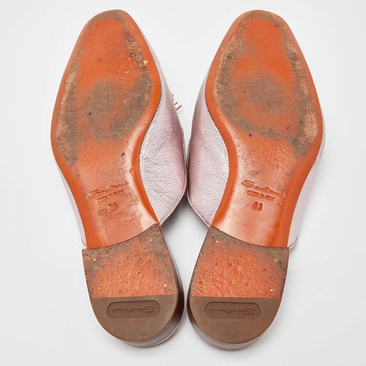 Pre Owned Santoni Metallic Leather Fringe Detail Flat Mules Size 39