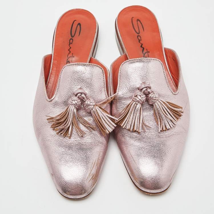 Pre Owned Santoni Metallic Leather Fringe Detail Flat Mules Size 39