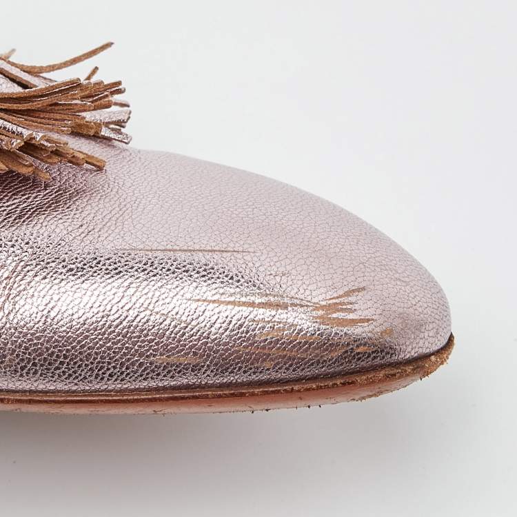 Pre Owned Santoni Metallic Leather Fringe Detail Flat Mules Size 39