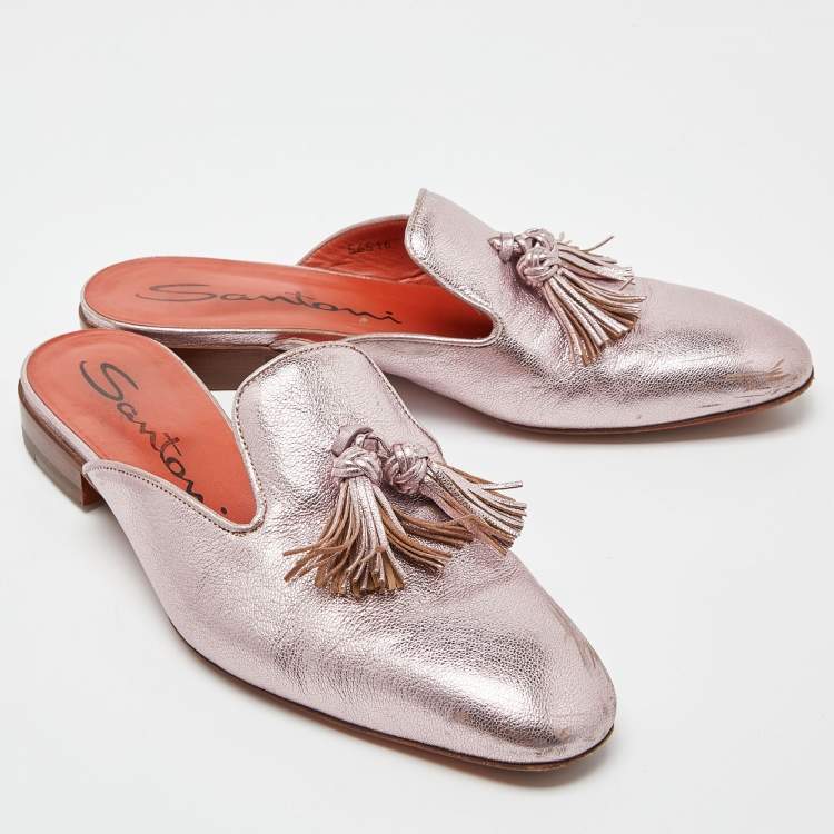 Pre Owned Santoni Metallic Leather Fringe Detail Flat Mules Size 39