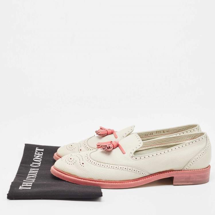 Pre Owned Santoni Light Grey/Pink Brogue Leather Fringe Detail Slip On Loafers Size 40