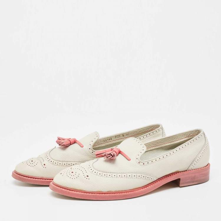 Pre Owned Santoni Light Grey/Pink Brogue Leather Fringe Detail Slip On Loafers Size 40