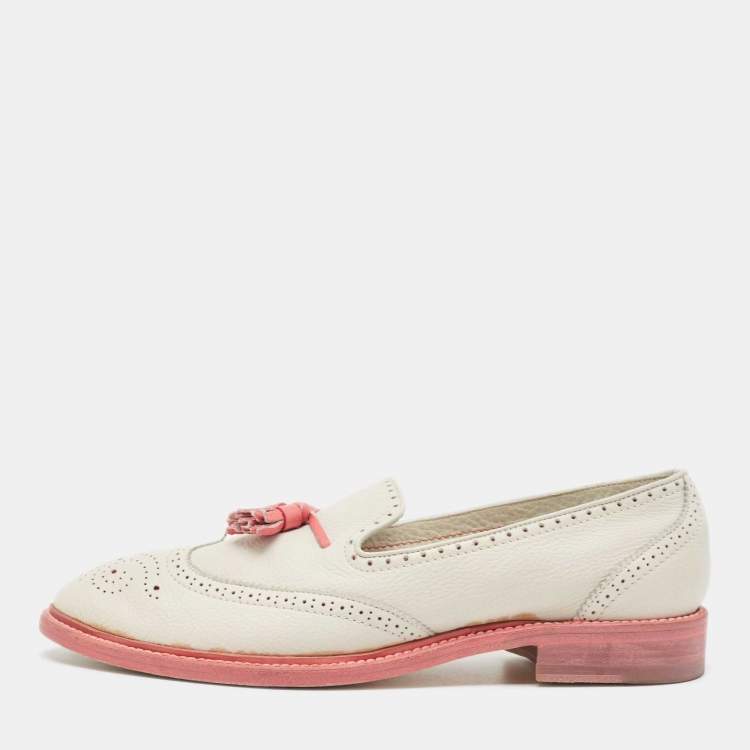 Pre Owned Santoni Light Grey/Pink Brogue Leather Fringe Detail Slip On Loafers Size 40