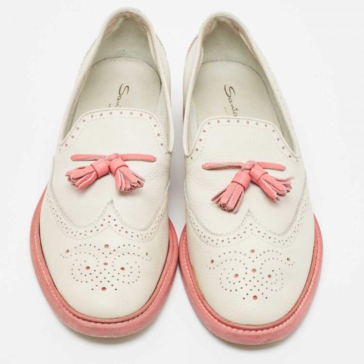 Pre Owned Santoni Light Grey/Pink Brogue Leather Fringe Detail Slip On Loafers Size 40