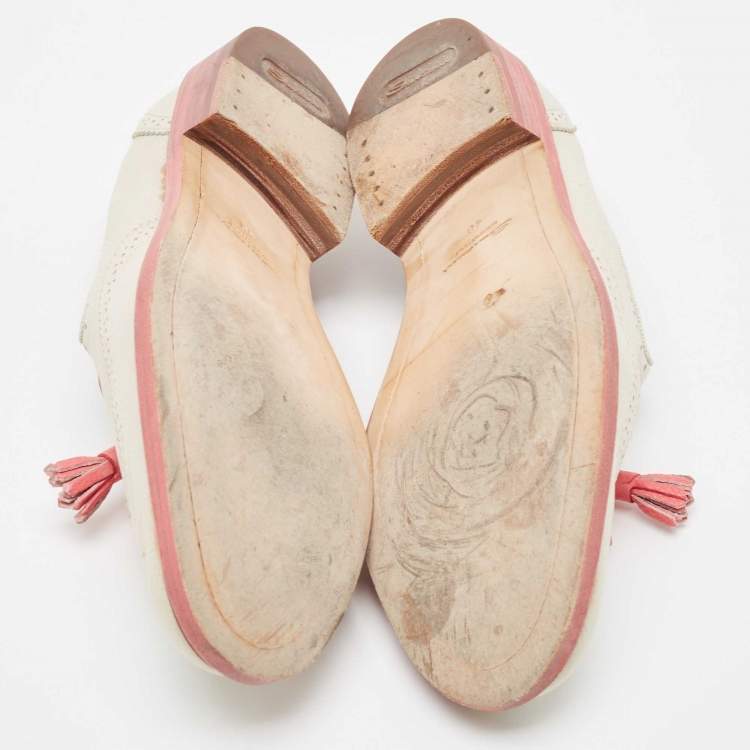 Pre Owned Santoni Light Grey/Pink Brogue Leather Fringe Detail Slip On Loafers Size 40