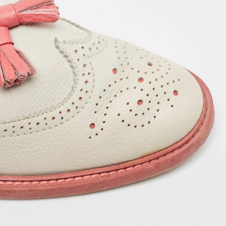 Pre Owned Santoni Light Grey/Pink Brogue Leather Fringe Detail Slip On Loafers Size 40