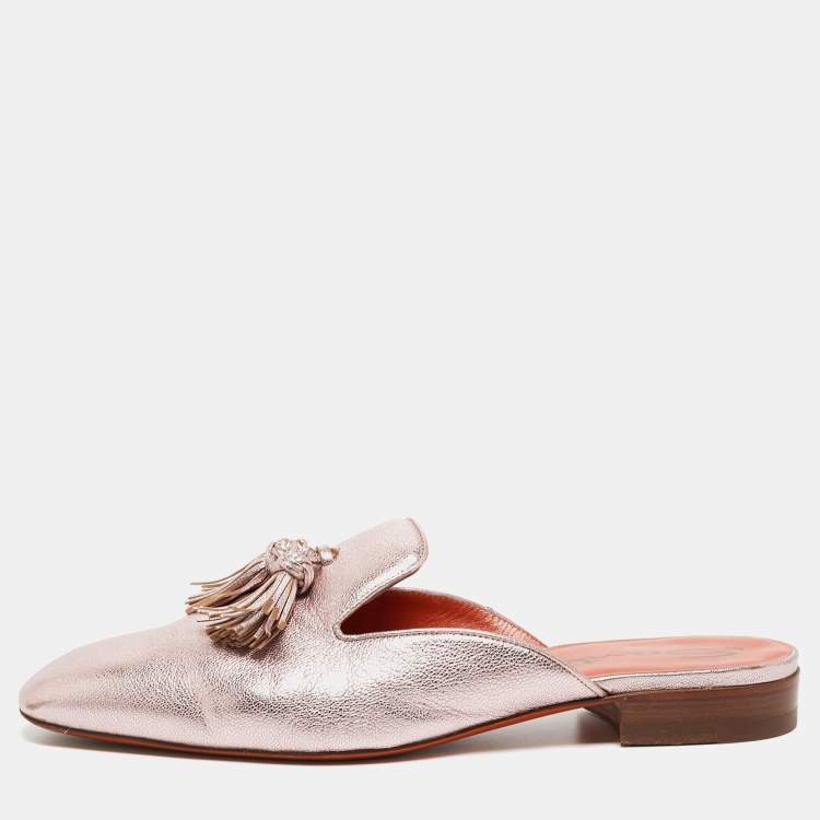 Pre Owned Santoni Metallic Pink Leather Fringe Detail Flat Mules Size 41