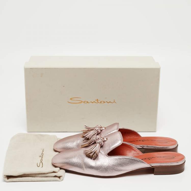 Pre Owned Santoni Metallic Pink Leather Fringe Detail Flat Mules Size 41