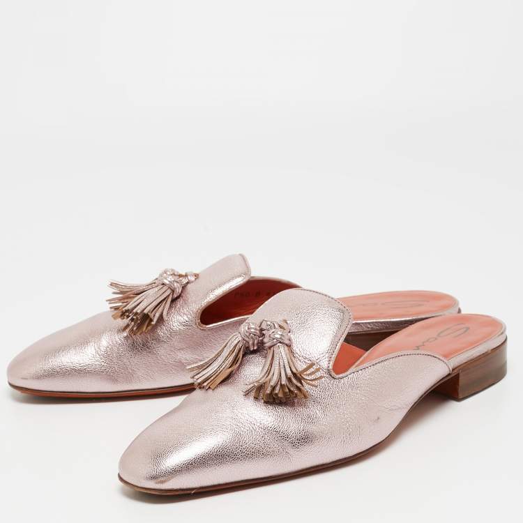 Pre Owned Santoni Metallic Pink Leather Fringe Detail Flat Mules Size 41