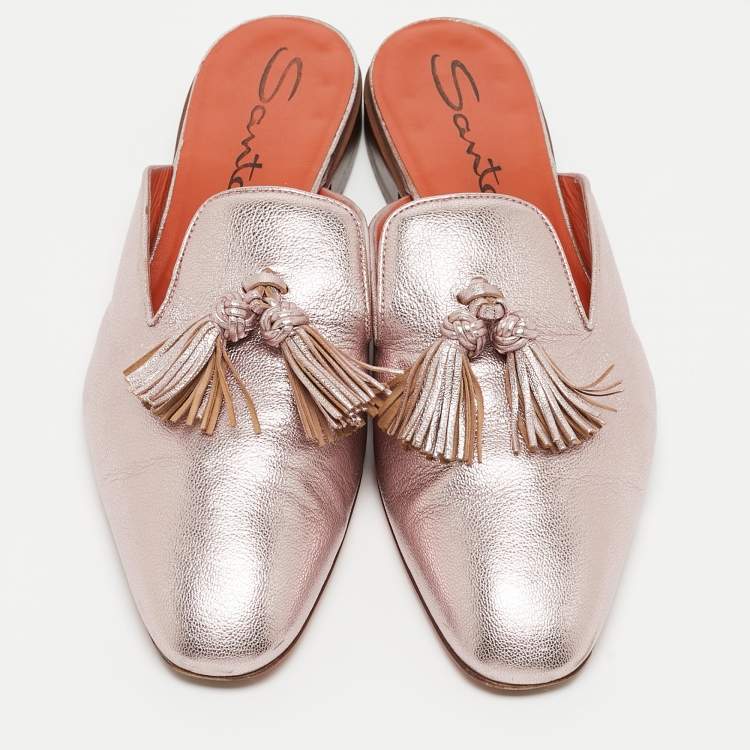 Pre Owned Santoni Metallic Pink Leather Fringe Detail Flat Mules Size 41