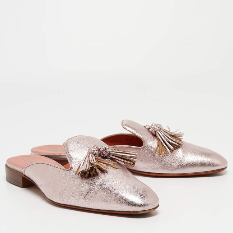 Pre Owned Santoni Metallic Pink Leather Fringe Detail Flat Mules Size 41