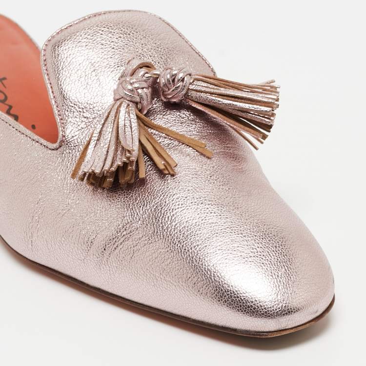 Pre Owned Santoni Metallic Pink Leather Fringe Detail Flat Mules Size 41