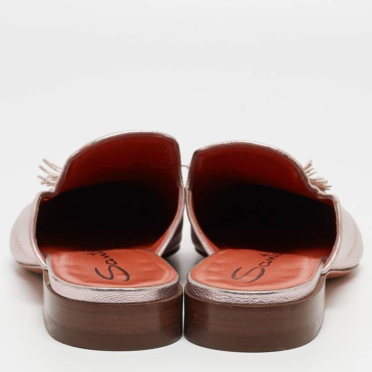 Pre Owned Santoni Metallic Pink Leather Fringe Detail Flat Mules Size 41