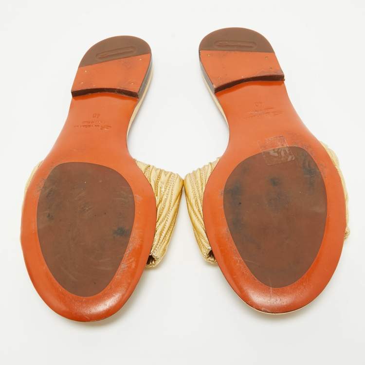 Pre Owned Santoni Gold Leather Flat Slides Size 40