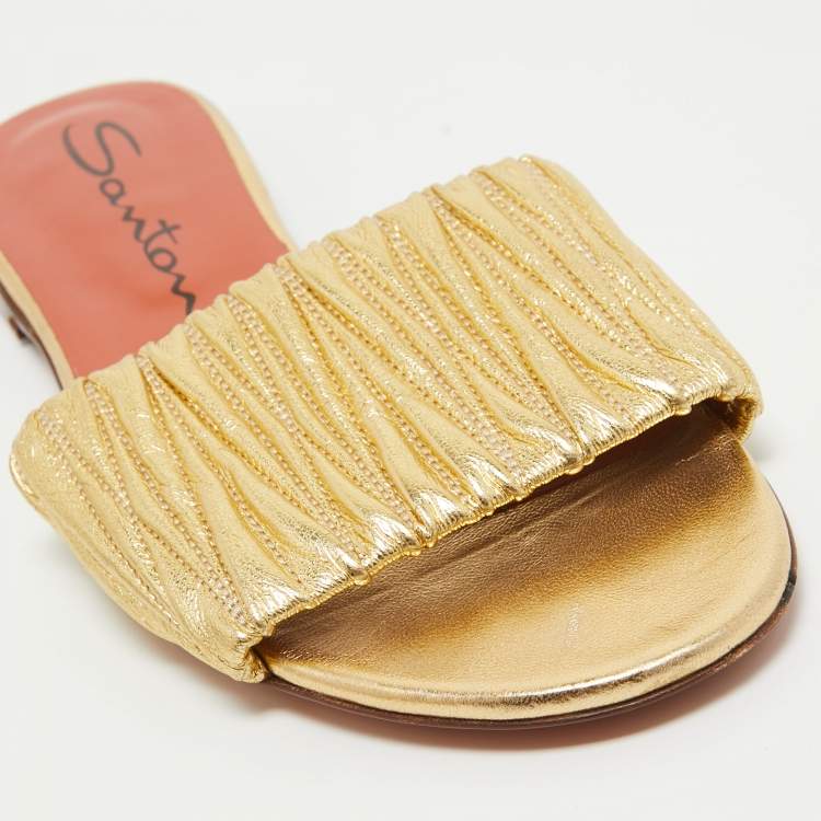 Pre Owned Santoni Gold Leather Flat Slides Size 40