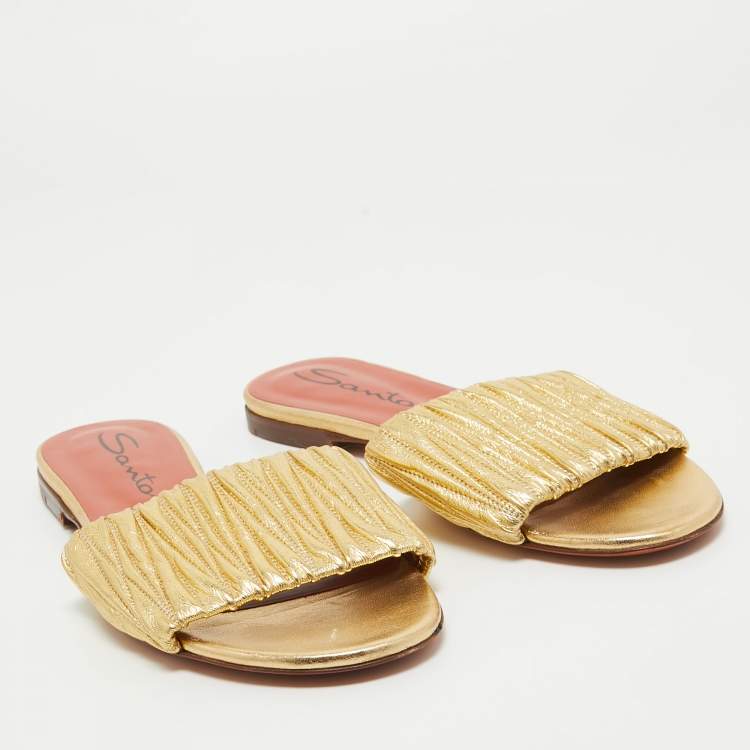 Pre Owned Santoni Gold Leather Flat Slides Size 40