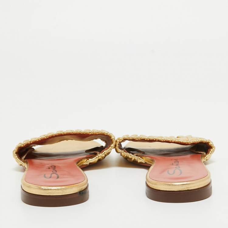 Pre Owned Santoni Gold Leather Flat Slides Size 40
