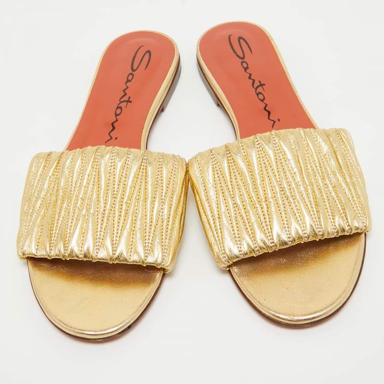 Pre Owned Santoni Gold Leather Flat Slides Size 40