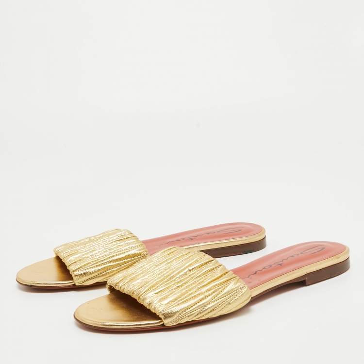 Pre Owned Santoni Gold Leather Flat Slides Size 40